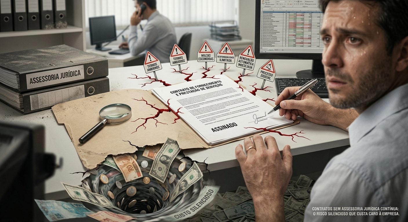 Empresário avaliando riscos em um contrato antes da assinatura